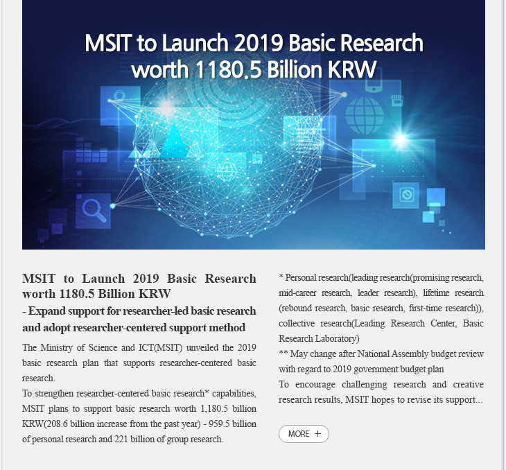 MSIT to Launch 2019 Basic Research worth 1180.5 Billion KRW