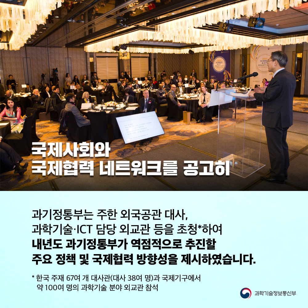 제사회와 국제협력 네트워크를 공고히 과기정통부는 주한 외국공관 대사, 과학기술·ICT 담당 외교관 등을 초청＊하여 내년도 과기정통부가 역점적으로 추진할 주요 정책 및 국제협력 방향성을 제시하였습니다. ＊한국 주재 67여 개 대사관(대사 38여 명)과 국제기구에서 약 100여 명의 과학기술 분야 외교관 참석