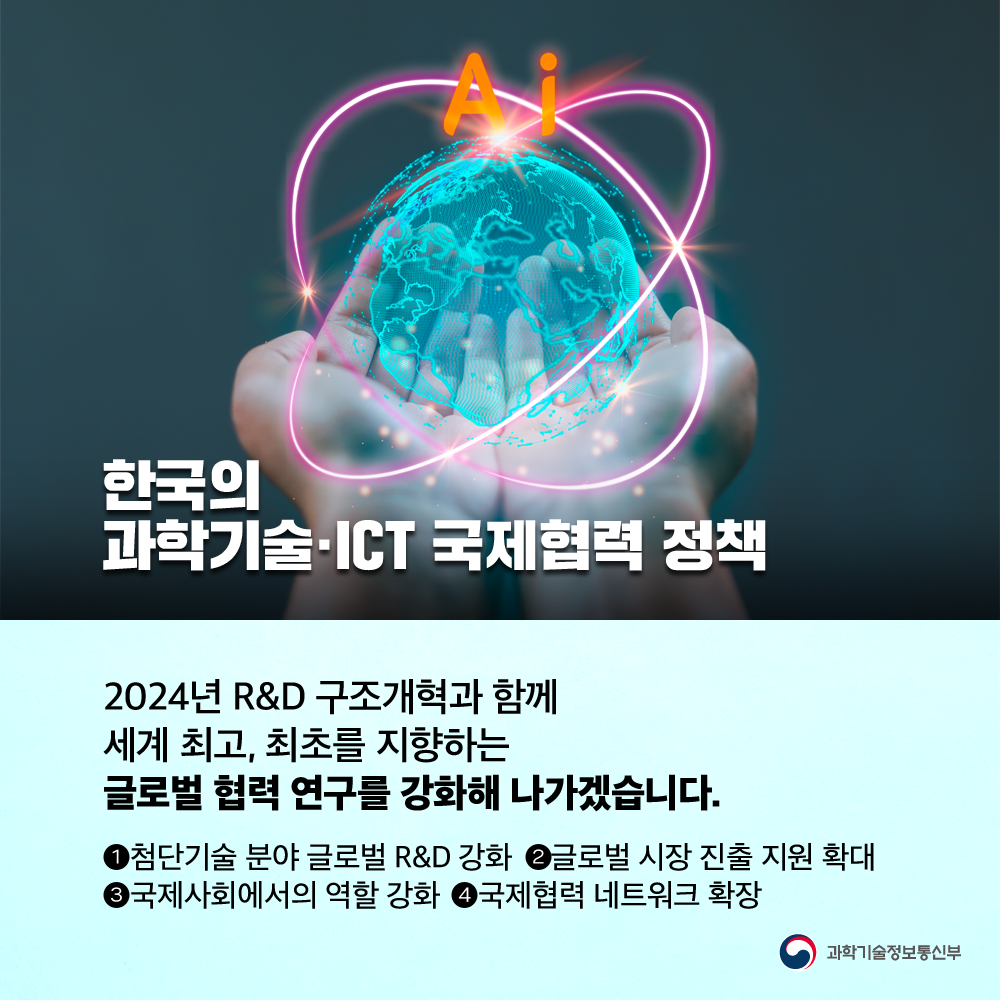 한국의 과학기술·ICT 국제협력 정책 2024년 R&D 구조개혁과 함께 세계 최고, 최초를 지향하는 글로벌 협력 연구를 강화해 나가겠습니다. 1. 첨단기술 분야 글로벌 R&D 강화 2. 글로벌 시장 진출 지원 확대 3. 국제사회에서의 역할 강화 4. 국제협력 네트워크 확장