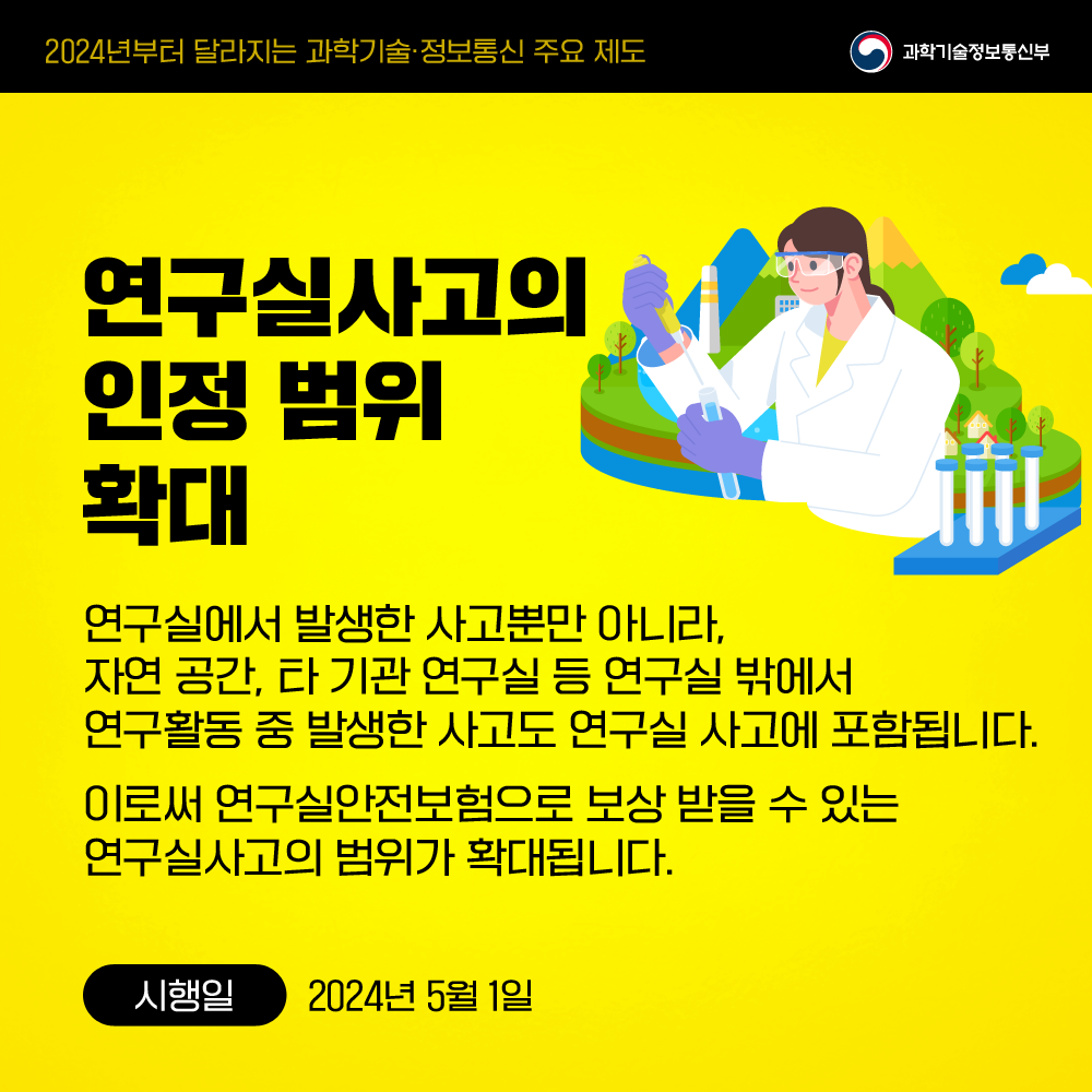 연구실사고의 인정 범위 확대 연구실에서 발생한 사고뿐만 아니라, 자연 공간, 타 기관 연구실 등 연구실 밖에서 연구활동 중 발생한 사고도 연구실 사고에 포함됩니다. 이로써 연구실안전보험으로 보상 받을 수 있는 연구실사고의 범위가 확대됩니다. 시행일 : 2024년 5월 1일